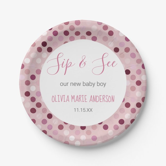 Sip & See Baby Girl Shower Pink Polka Dots Paper Plates (Front)