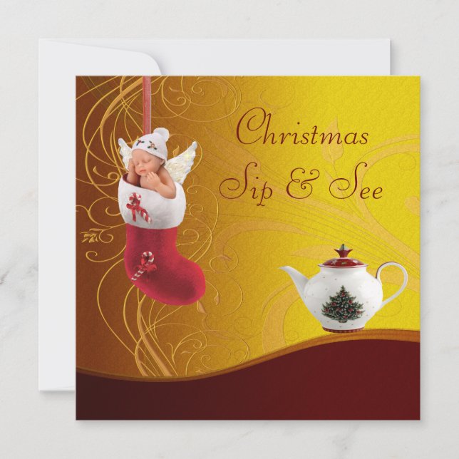 Sip & See Baby in Christmas Stocking Baby Shower Invitation (Front)