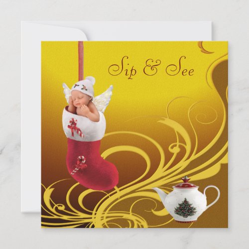 Sip  See Baby in Christmas Stocking Baby Shower Invitation