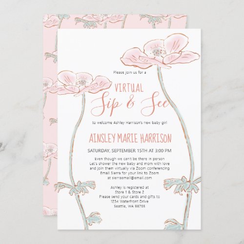 Sip  See Blush Pink Baby Girl Virtual Baby Shower Invitation