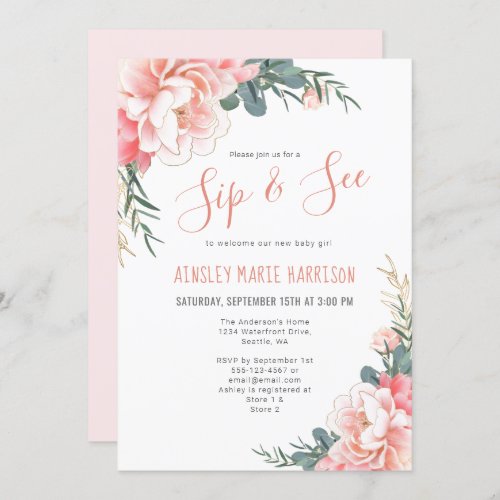 Sip  See Blush Pink Gold Floral Girl Baby Shower Invitation
