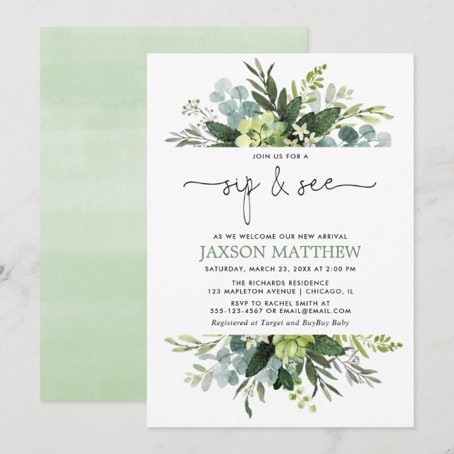 Sip see boy baby shower gender neutral eucalyptus invitation (Front/Back)