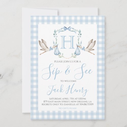 Sip  See Boy Stork Preppy Blue Gingham  Invitation