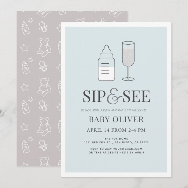 Sip & See Champagne Bottle Blue Baby Shower Invitation (Front/Back)