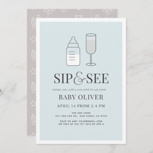 Sip  See Champagne Bottle Blue Baby Shower Invitation