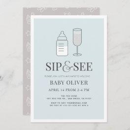 Sip & See Champagne Bottle Blue Baby Shower Invitation