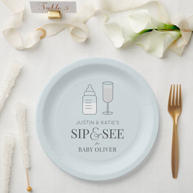 Sip & See Champagne Bottle Blue Baby Shower Paper Plates (Wedding)