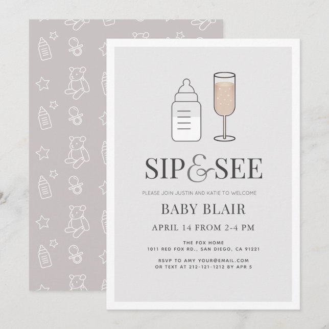 Sip & See Champagne Bottle Gray Baby Shower Invitation (Front/Back)