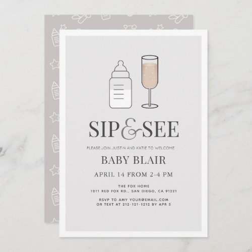Sip  See Champagne Bottle Gray Baby Shower Invitation