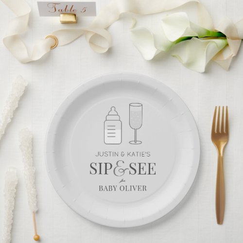 Sip  See Champagne Bottle Gray Baby Shower Paper Plates