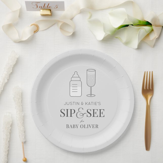 Sip & See Champagne Bottle Gray Baby Shower Paper Plates (Wedding)