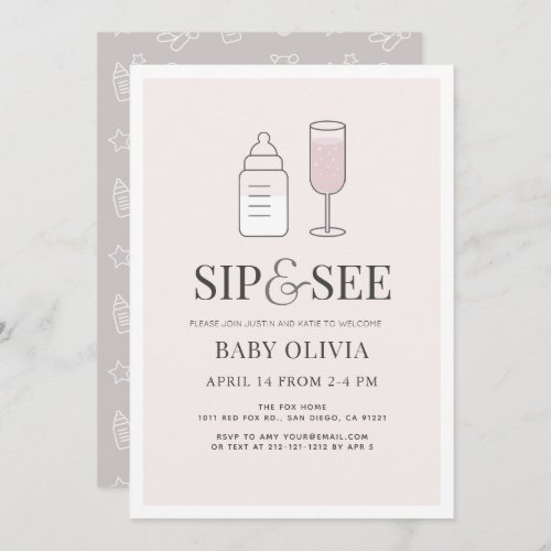 Sip  See Champagne Bottle Pink Baby Shower Invitation