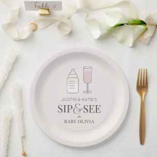 Sip & See Champagne Bottle Pink Baby Shower Paper Plates
