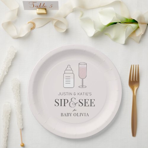 Sip  See Champagne Bottle Pink Baby Shower Paper Plates