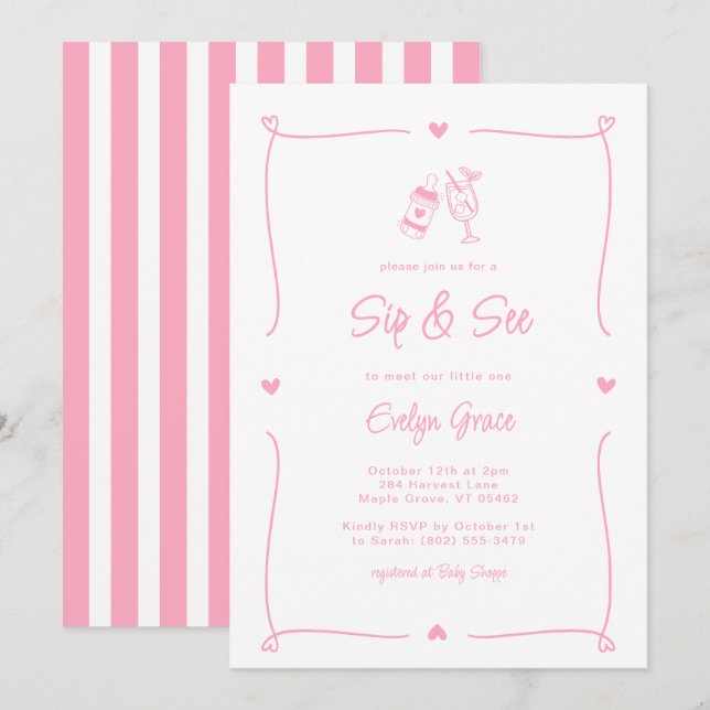 Sip & See Champagne Bottle Whimsical Pink Girl Invitation (Front/Back)