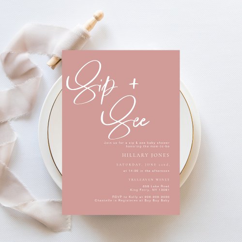 Sip  See Dusty PinkRose Bohemian Baby Invitation