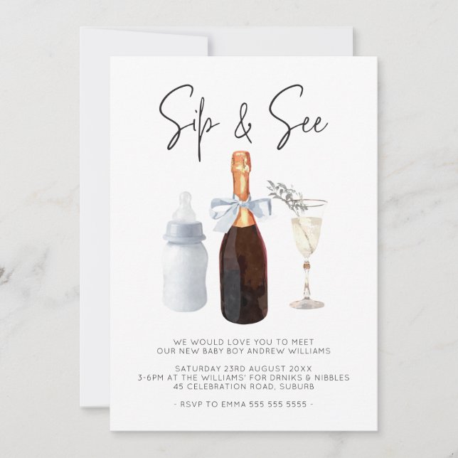 Sip & See Elegant Watercolor Blue Baby Boy  Invitation (Front)