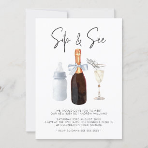 Sip & See Elegant Watercolor Blue Baby Boy  Invitation