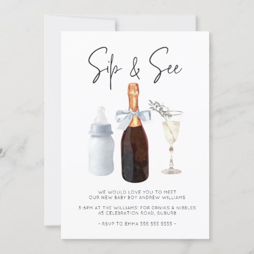 Sip  See Elegant Watercolor Blue Baby Boy  Invitation