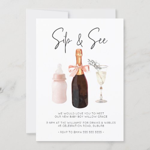 Sip  See Elegant Watercolor Pink Baby Girl Invitation