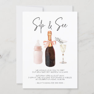 Sip & See Elegant Watercolor Pink Baby Girl Invitation