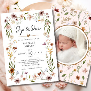 Sip & See Elegant Wildflower Pink Baby Girl  Invitation