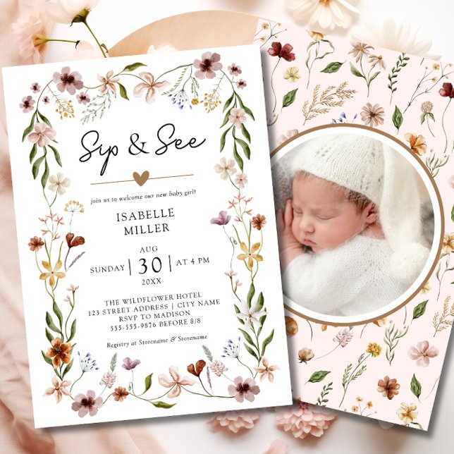 Sip & See Elegant Wildflower Pink Baby Girl  Invitation (Sip & See Elegant Wildflower Pink Baby Girl Invitation)