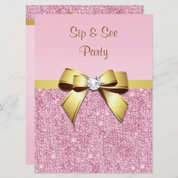 Sip & See Faux Pink Sequins Gold Bow Invitation by AJ_Graphics at Zazzle