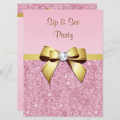 Sip  See Faux Pink Sequins Gold Bow Invitation