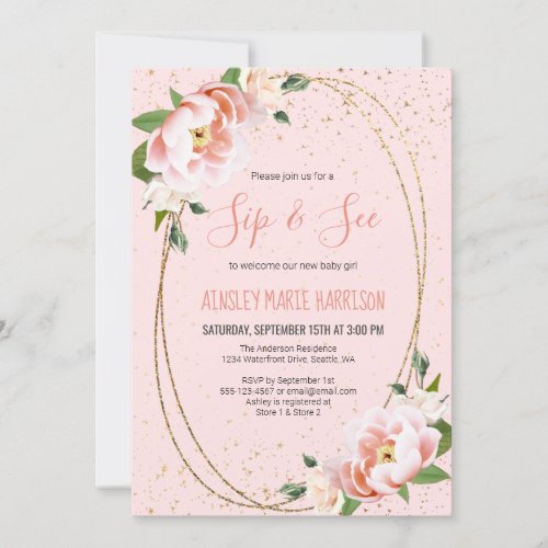 Sip  See Gold Blush Floral Baby Girl Shower Invitation