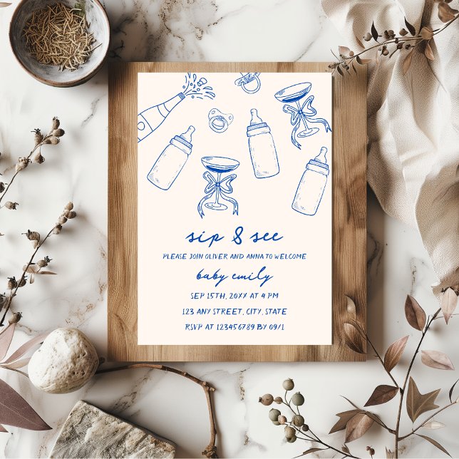 Sip & See Hand Illustrated Blue Baby Boy  Invitation (sip & see funky boy baby meet and greet hand illustrated blue inviation)