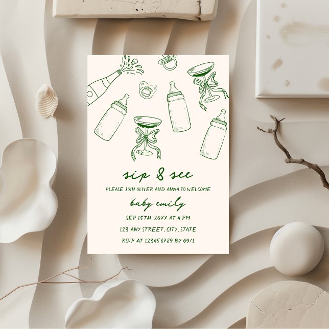 Sip & See Hand Illustrated Green Baby Boy  Invitation (sip & see baby boy hand illustrated green invitation)