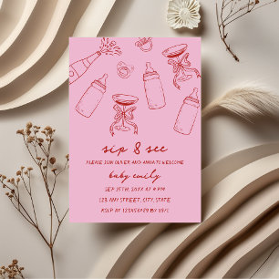 Sip & See Hand Illustrated Pink Red  Invitation