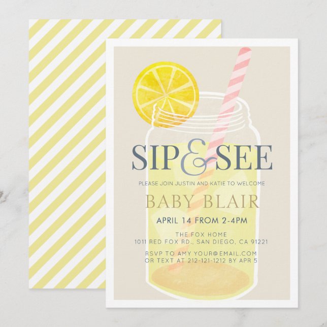 Sip & See Lemonade Mason Jar Beige Baby Shower Invitation (Front/Back)