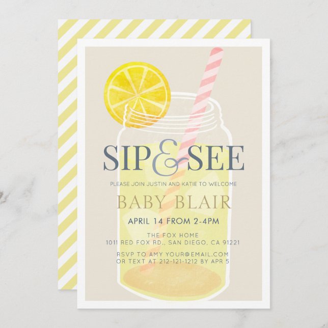 Sip & See Lemonade Mason Jar Beige Baby Shower Invitation (Front/Back)