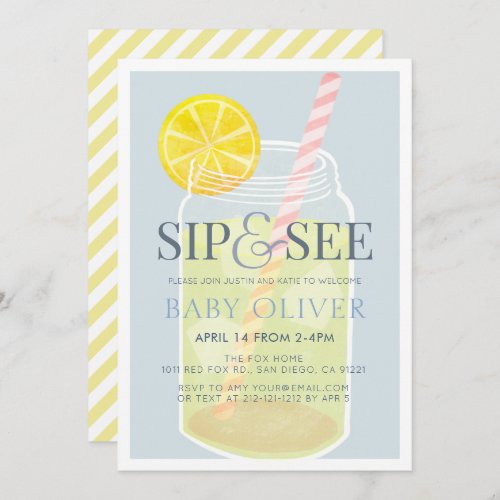 Sip  See Lemonade Mason Jar Blue Baby Shower Invitation