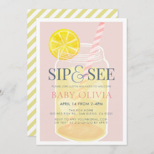 Sip & See Lemonade Mason Jar Pink Baby Shower Invitation