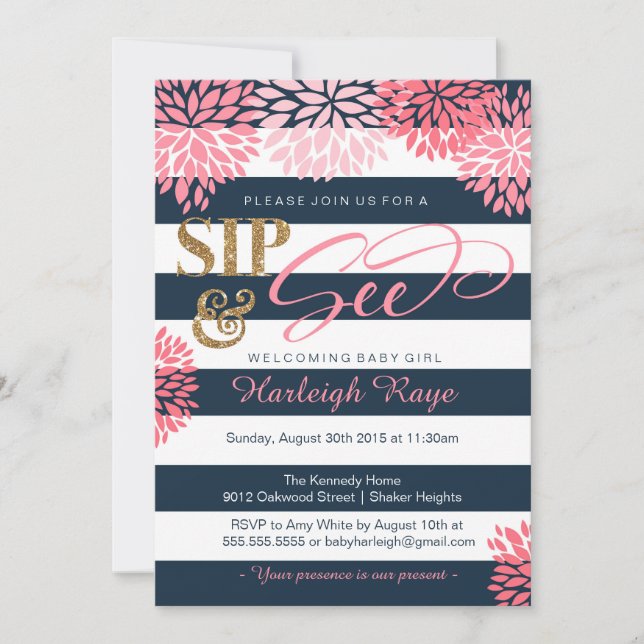 Sip & See Navy Blue and Pink Glitter Baby Shower Invitation (Front)