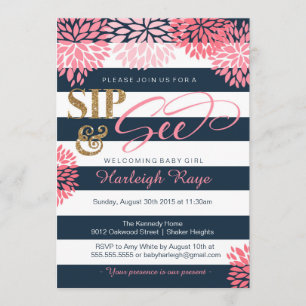 Sip & See Navy Blue and Pink Glitter Baby Shower Invitation