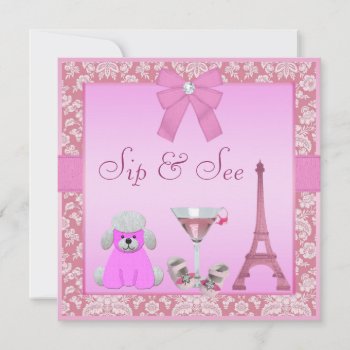 Sip & See Paris Damask Pink Poodle Baby Shower Invitation by GroovyGraphics at Zazzle
