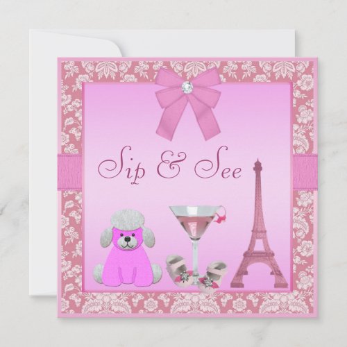 Sip  See Paris Damask Pink Poodle Baby Shower Invitation