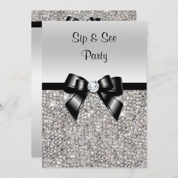 Sip & See  Party Silver Sequins Black Bow Invitation by AJ_Graphics at Zazzle