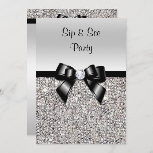 Sip  See  Party Silver Sequins Black Bow Invitation
