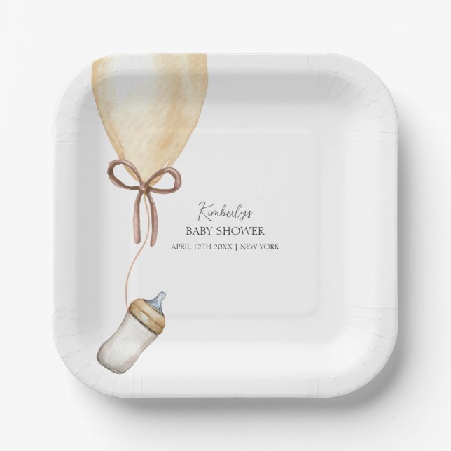 Sip & See Simple Boho Balloon Bottle Baby Shower Paper Plates (Front)