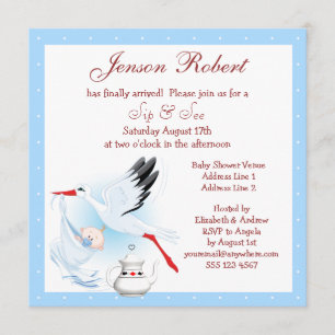 Sip & See Stork Delivering Baby Blue Baby Shower Invitation