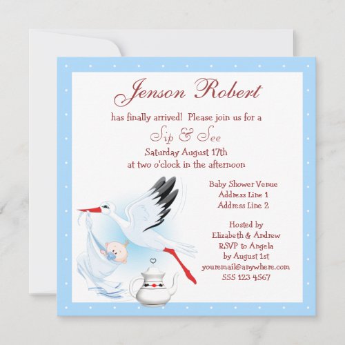 Sip  See Stork Delivering Baby Blue Baby Shower Invitation