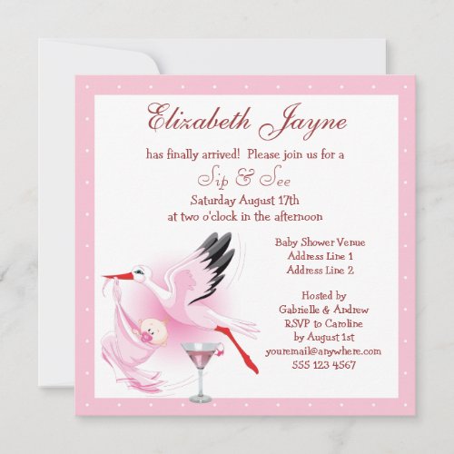 Sip  See Stork Delivering Baby Pink Baby Shower Invitation