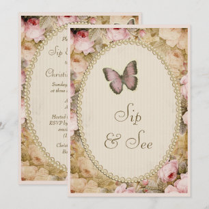 Sip & See Vintage Pearls Lace Roses Butterfly Invitation