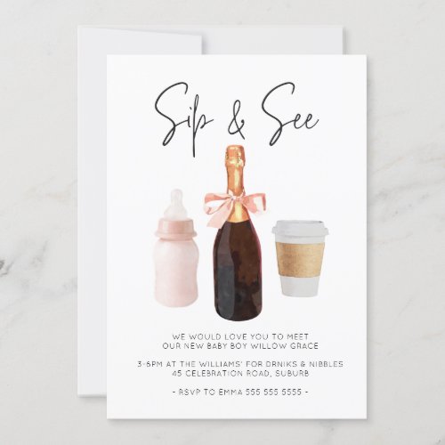 Sip  See Watercolor Champagne Coffee Pink  Invitation