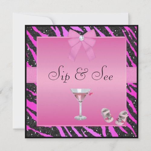 Sip  See Zebra Print Pink  Black Baby Shower Invitation